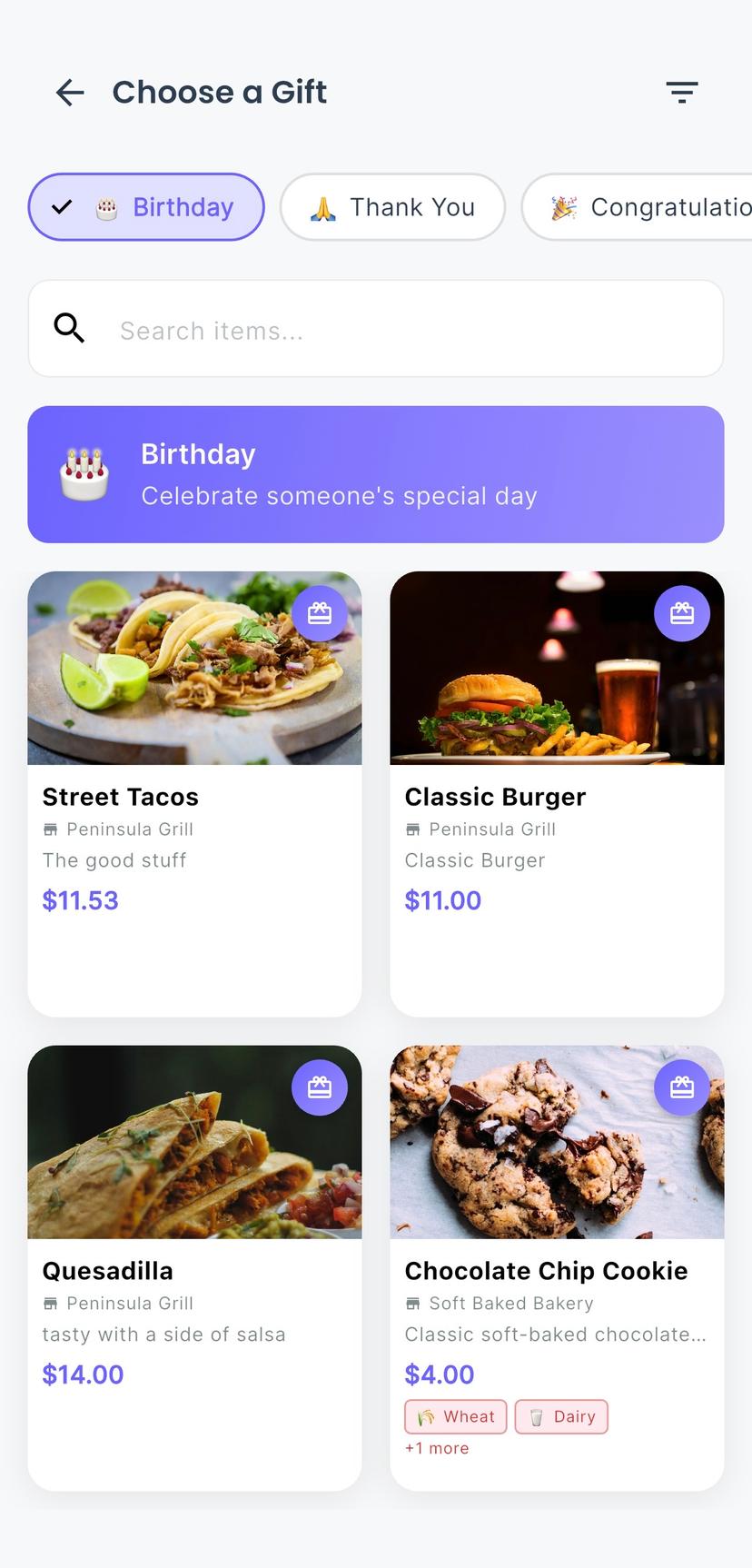 Select a gift screen showing menu items with prices